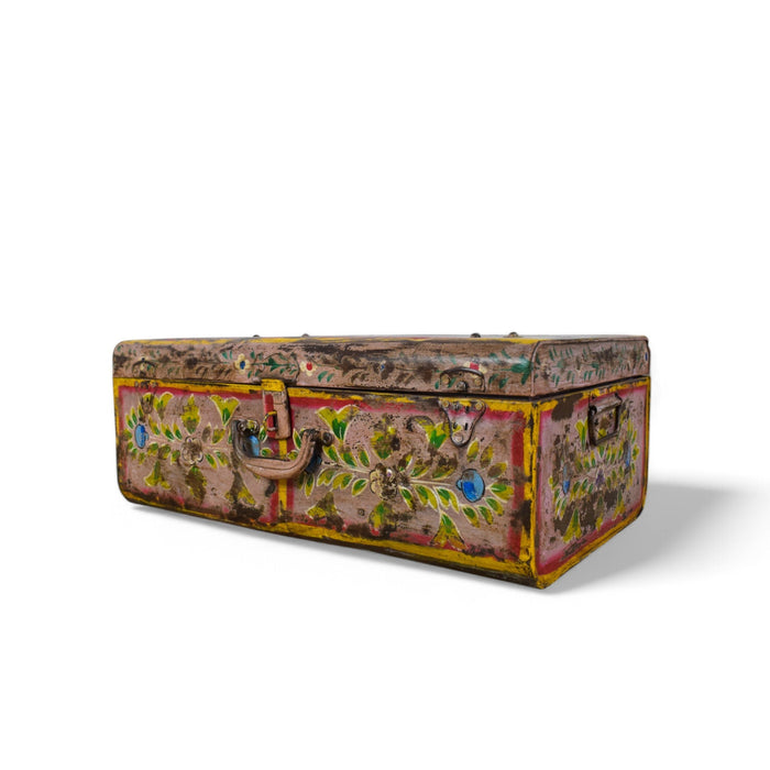 Vintage Indian Hand Painted Metal Travel Trunk Chest