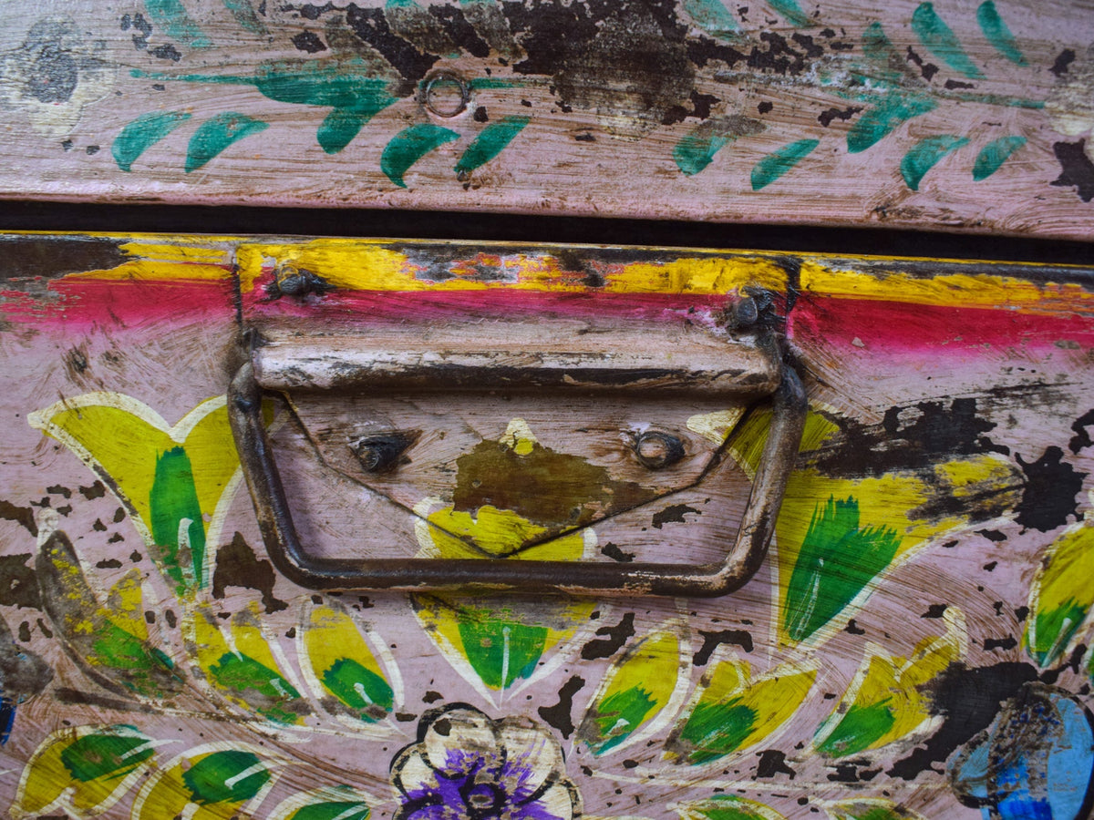 Vintage Indian Hand Painted Metal Travel Trunk Chest