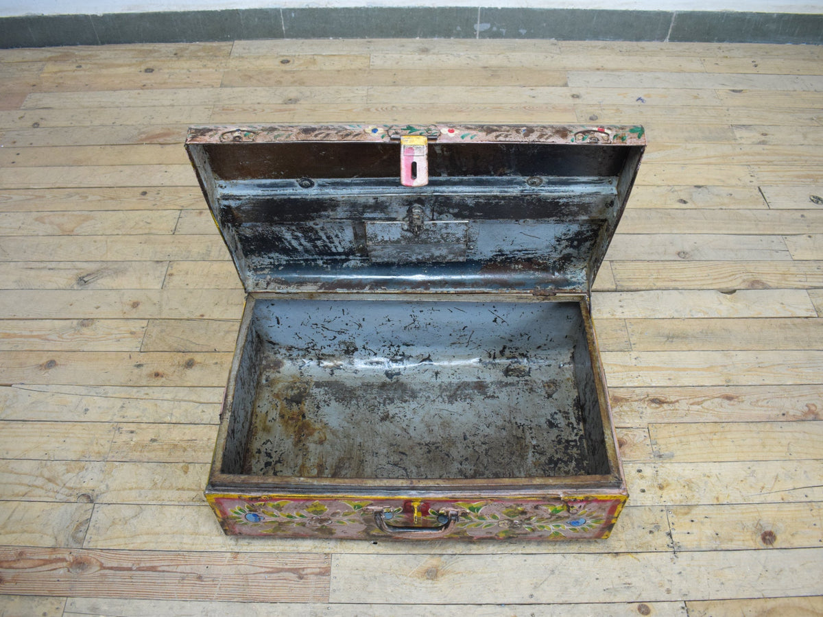 Vintage Indian Hand Painted Metal Travel Trunk Chest