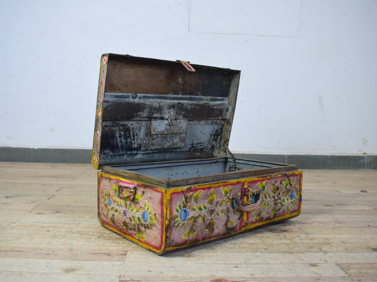 Vintage Indian Hand Painted Metal Travel Trunk Chest