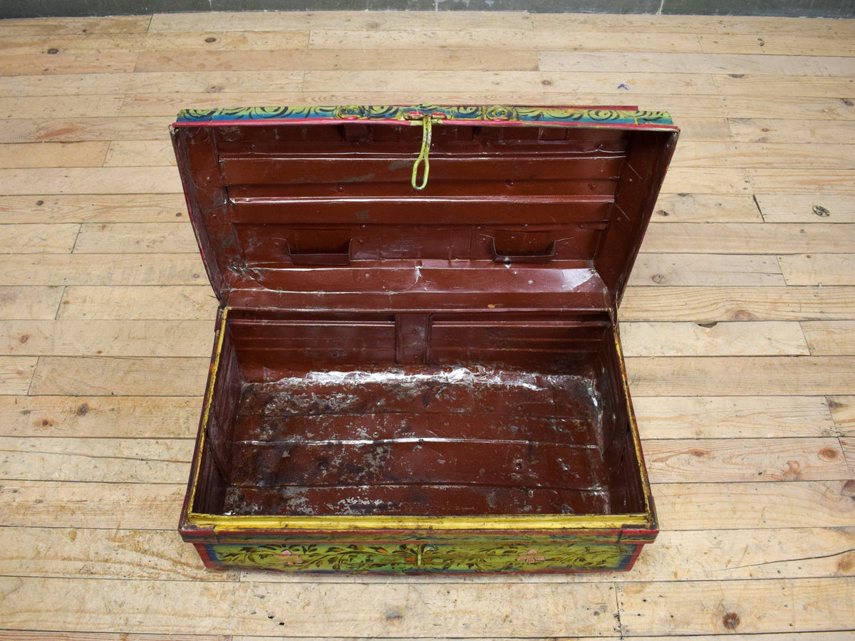 Vintage Indian Hand Painted Metal Travel Trunk Chest