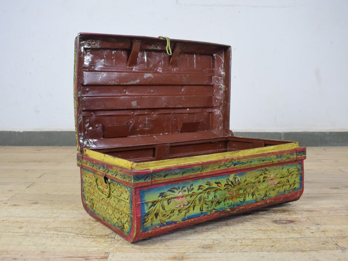 Vintage Indian Hand Painted Metal Travel Trunk Chest