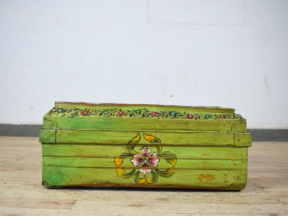 Vintage Indian Hand Painted Metal Travel Trunk Chest