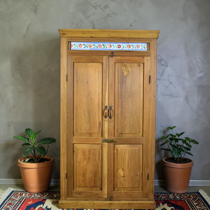 Vintage Rustic Cupboard Cabinet Storage With Antique Tile Decoration