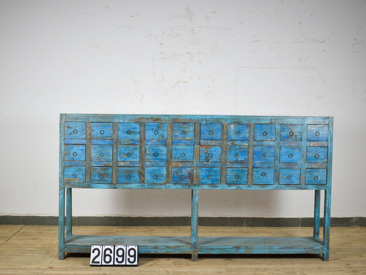 Large 7 ft Vintage Indian Apothecary Multi Drawers Sideboard
