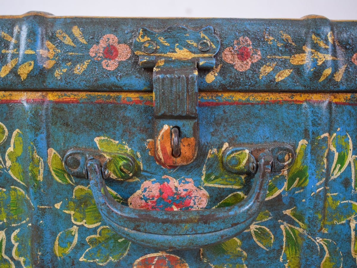 Vintage Indian Hand Painted Metal Travel Trunk Chest