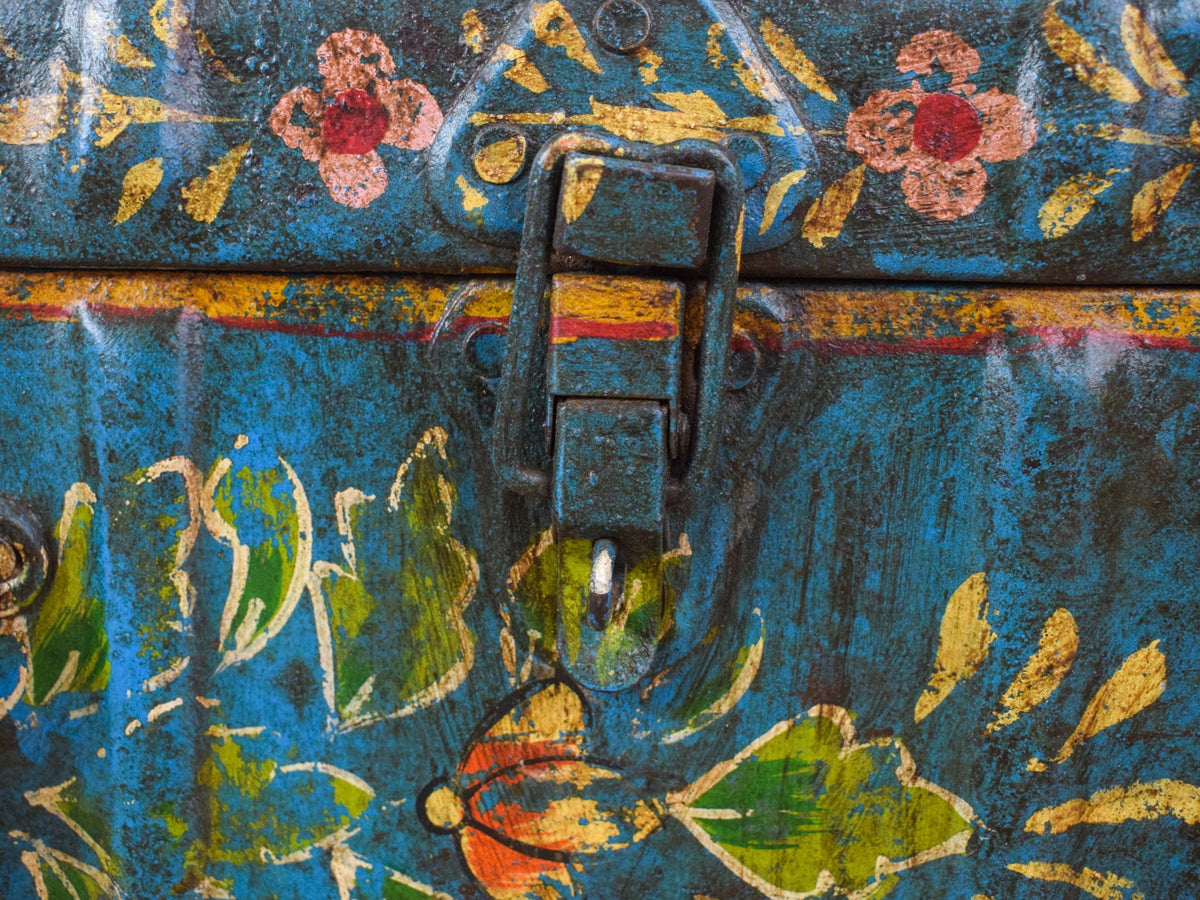 Vintage Indian Hand Painted Metal Travel Trunk Chest