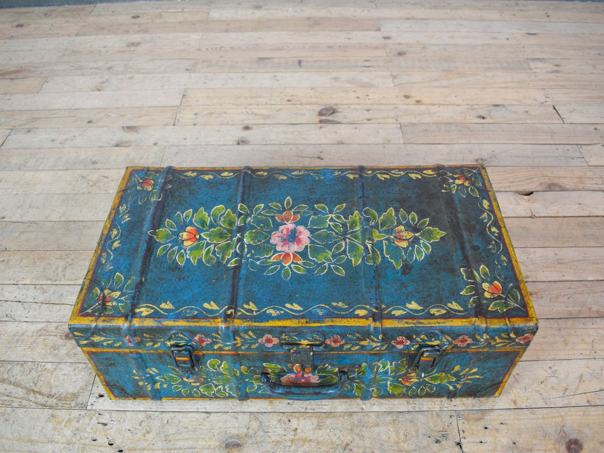 Vintage Indian Hand Painted Metal Travel Trunk Chest