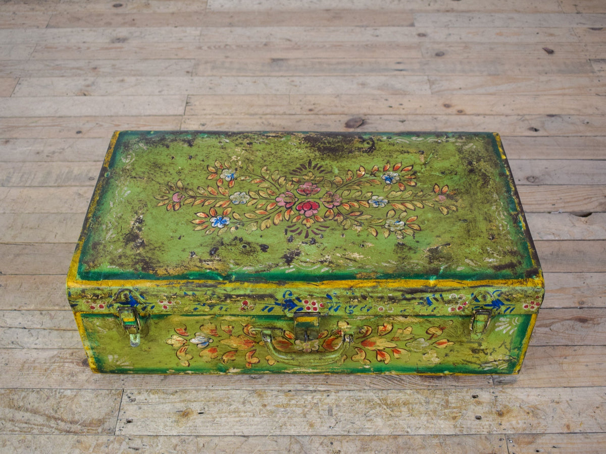 Vintage Indian Hand Painted Metal Travel Trunk Chest