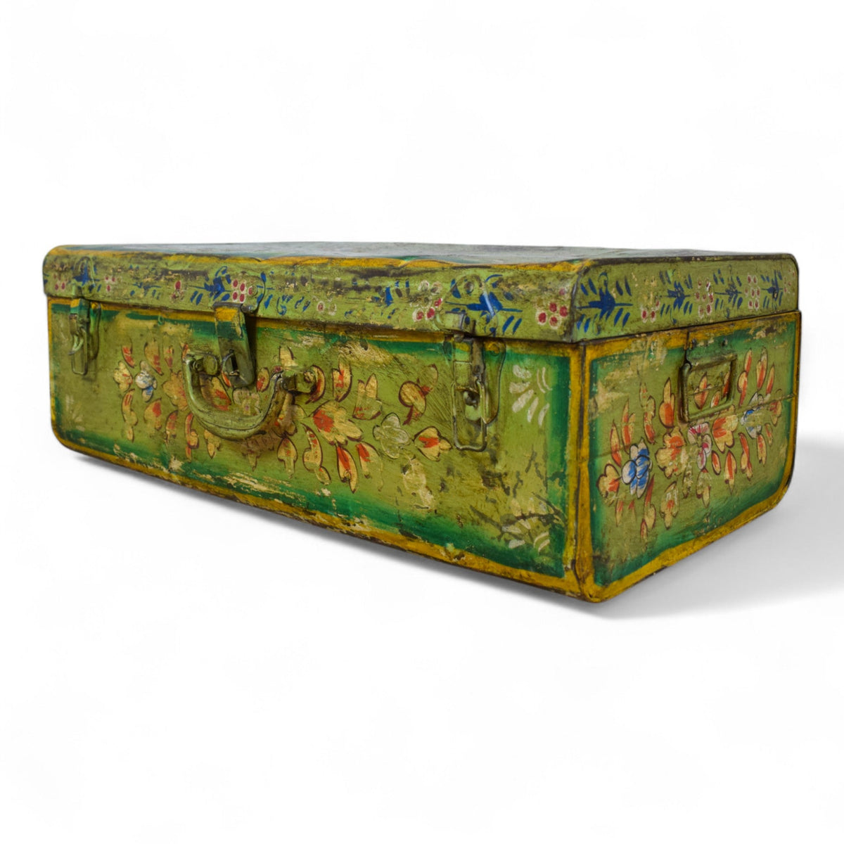 Vintage Indian Hand Painted Metal Travel Trunk Chest