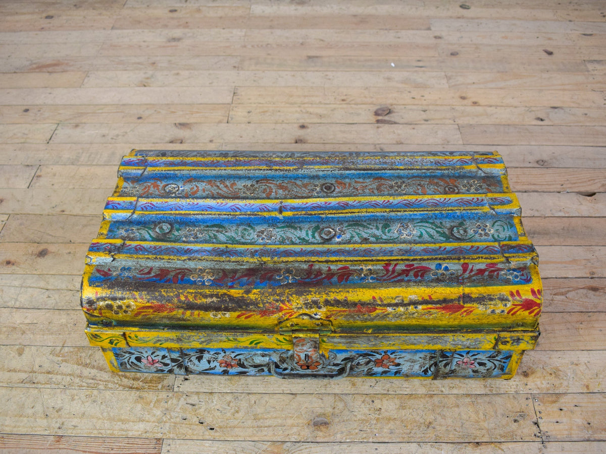 Vintage Indian Hand Painted Metal Travel Trunk Chest