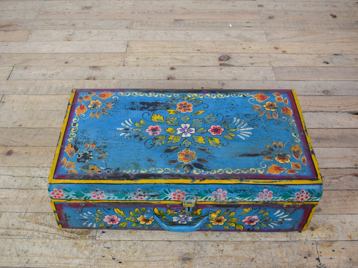 Vintage Indian Hand Painted Metal Travel Trunk Chest