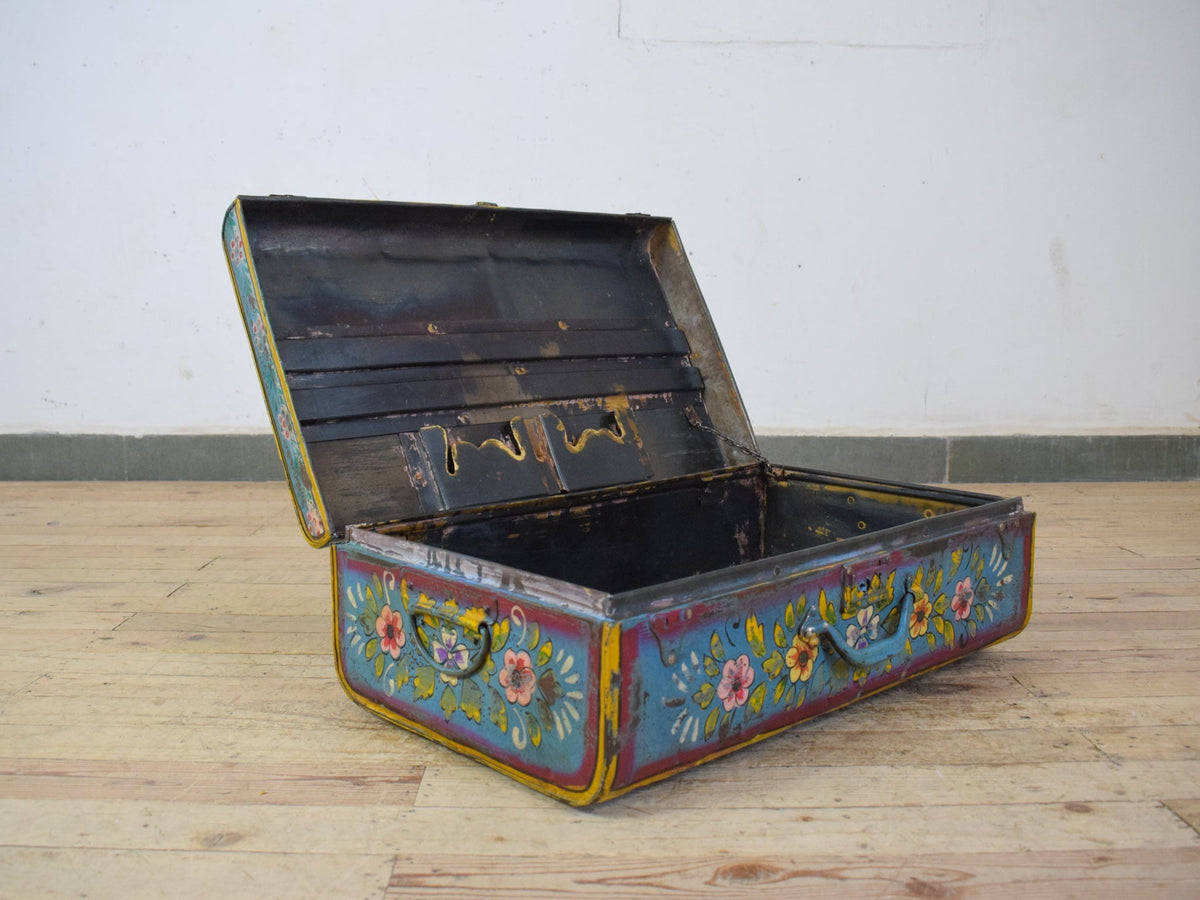 Vintage Indian Hand Painted Metal Travel Trunk Chest