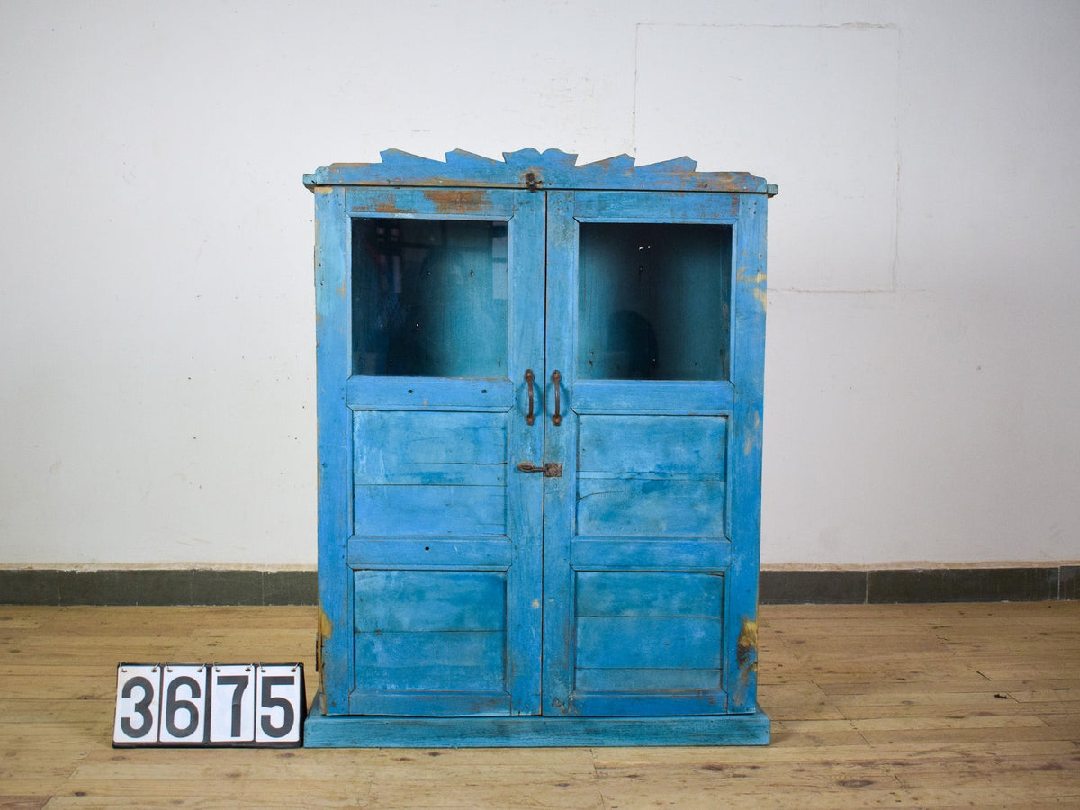 Vintage Worn Painted Wooden and Glass Rustic Cupboard Cabinet