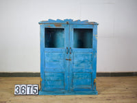 Vintage Worn Painted Wooden and Glass Rustic Cupboard Cabinet