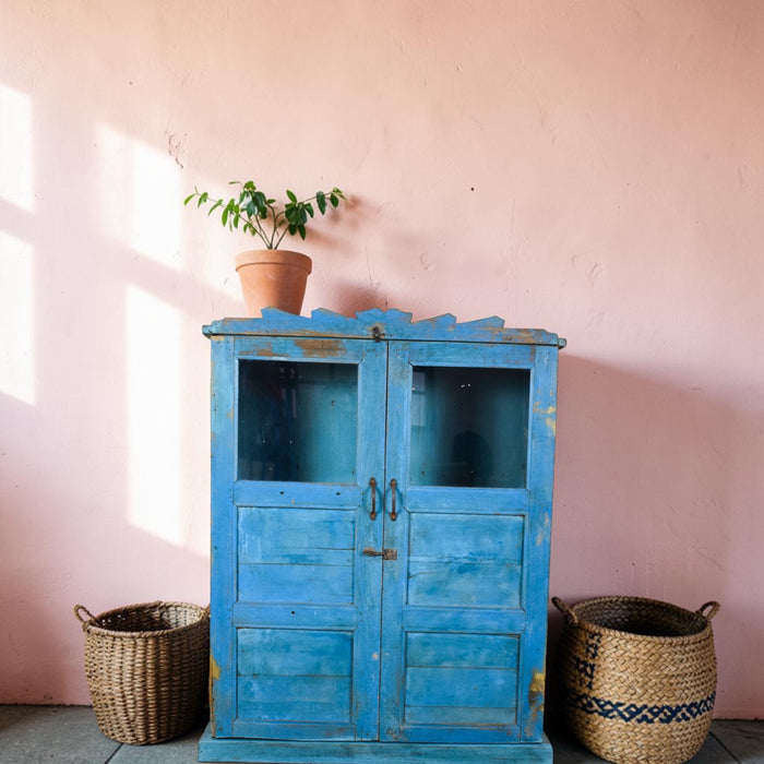 Vintage Worn Painted Wooden and Glass Rustic Cupboard Cabinet