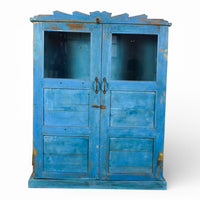 Vintage Worn Painted Wooden and Glass Rustic Cupboard Cabinet
