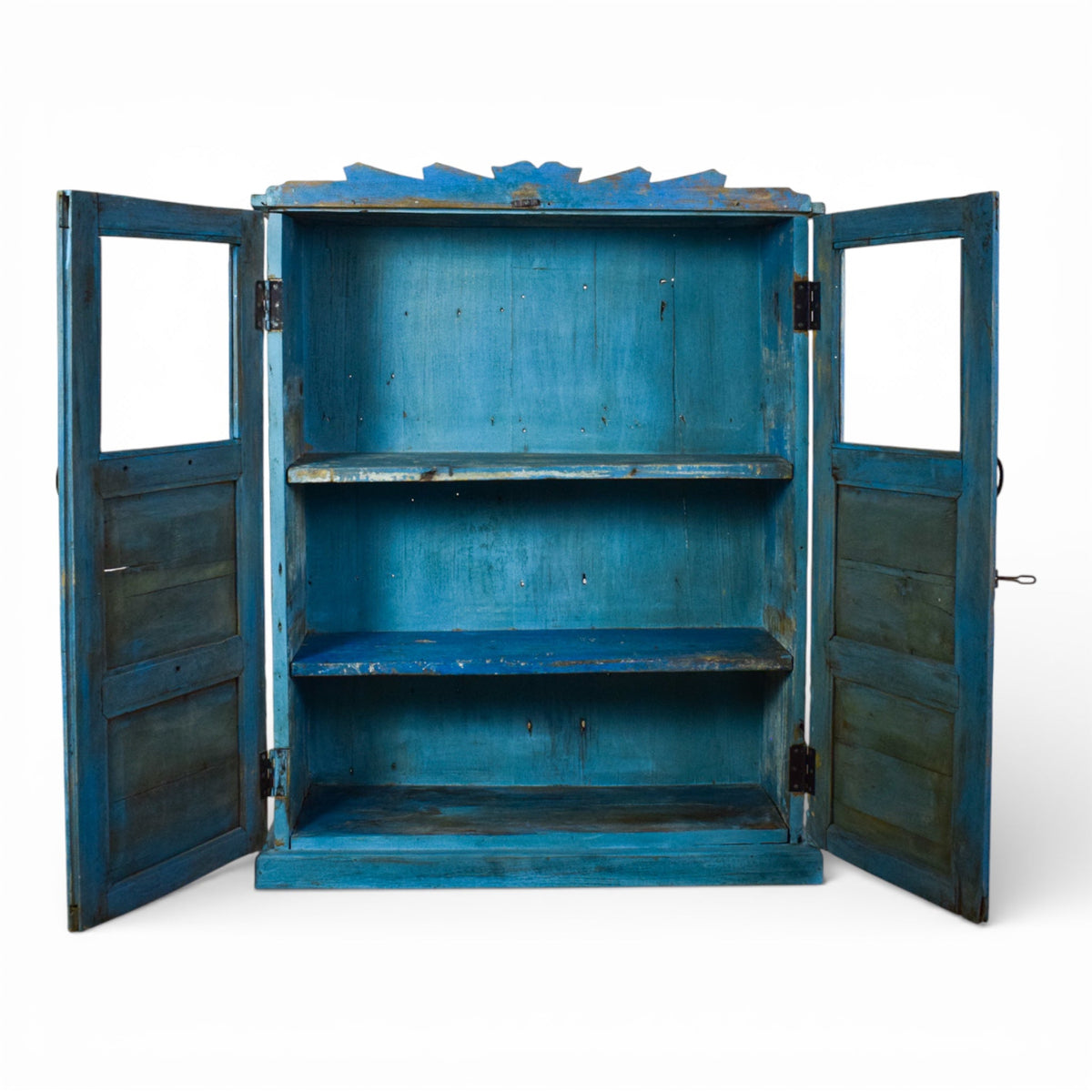 Vintage Worn Painted Wooden and Glass Rustic Cupboard Cabinet