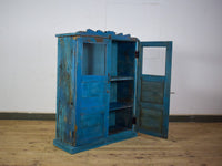 Vintage Worn Painted Wooden and Glass Rustic Cupboard Cabinet