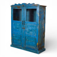 Vintage Worn Painted Wooden and Glass Rustic Cupboard Cabinet