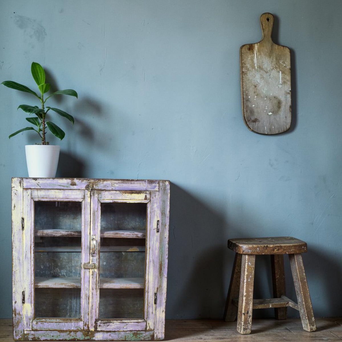 Vintage Worn Painted Rustic Cupboard Cabinet