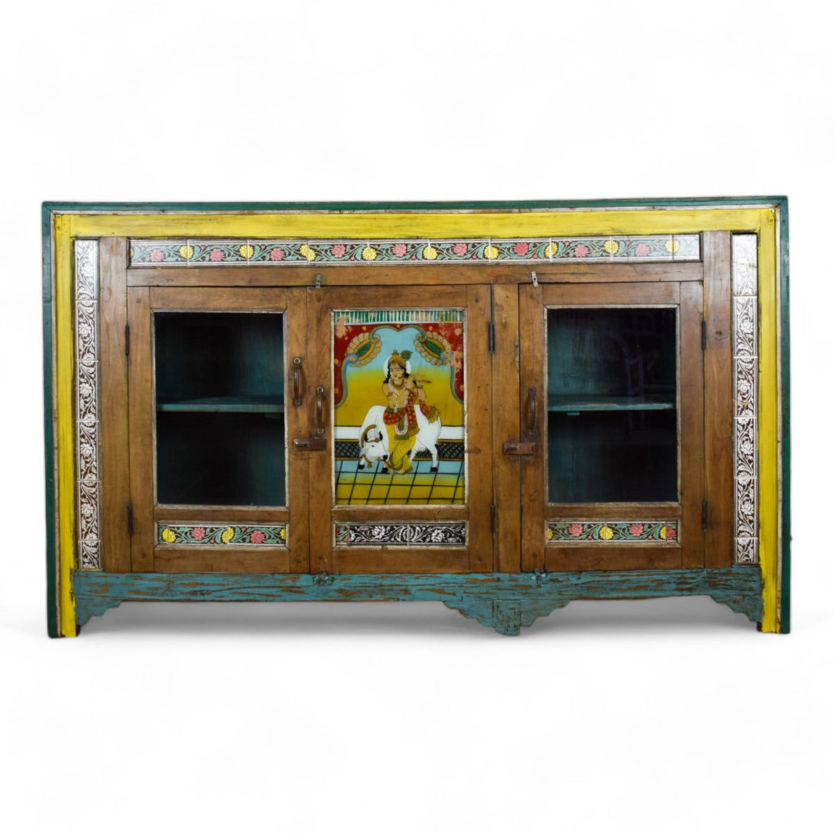 Vintage Indian Sideboard Cupboard With Reverse Glass Painting