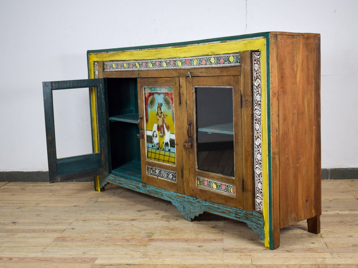 Vintage Indian Sideboard Cupboard With Reverse Glass Painting