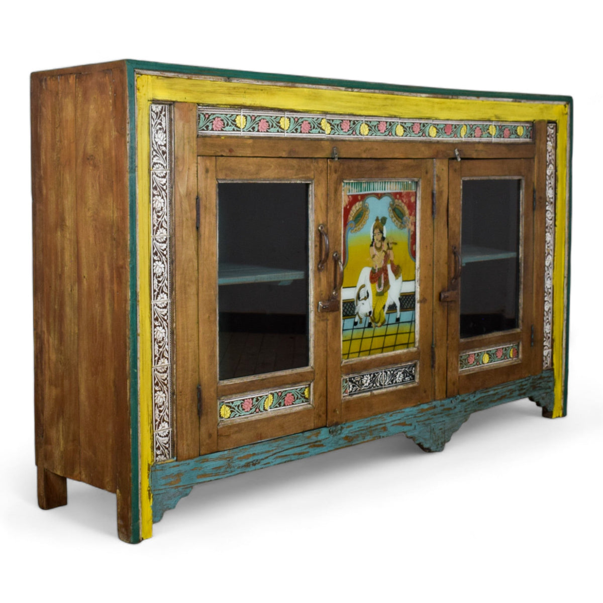 Vintage Indian Sideboard Cupboard With Reverse Glass Painting