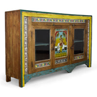 Vintage Indian Sideboard Cupboard With Reverse Glass Painting