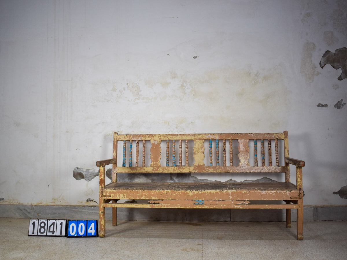 Vintage Indian Hard Wood Bench With Original Rustic Paint