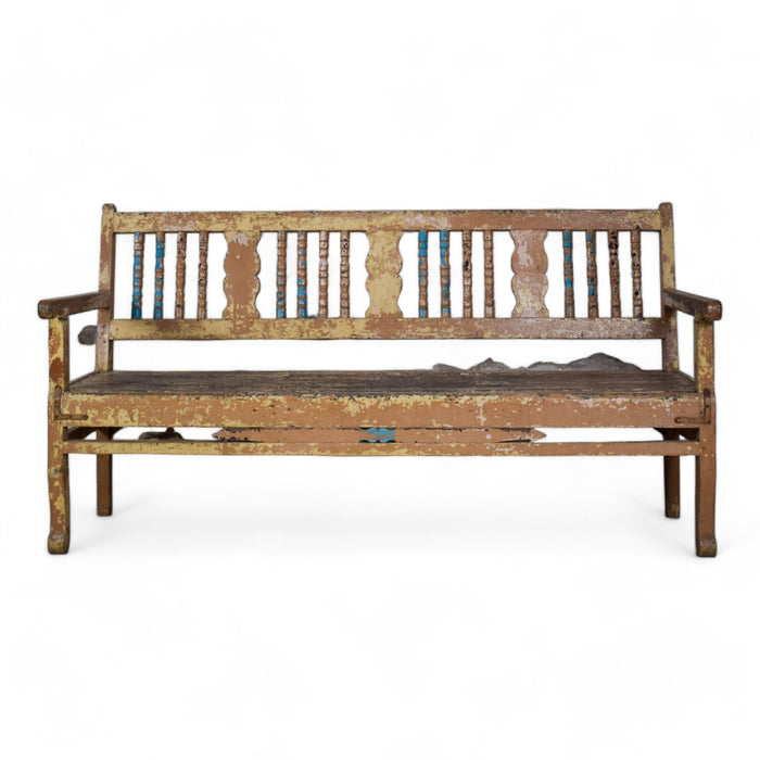 Vintage Indian Hard Wood Bench With Original Rustic Paint