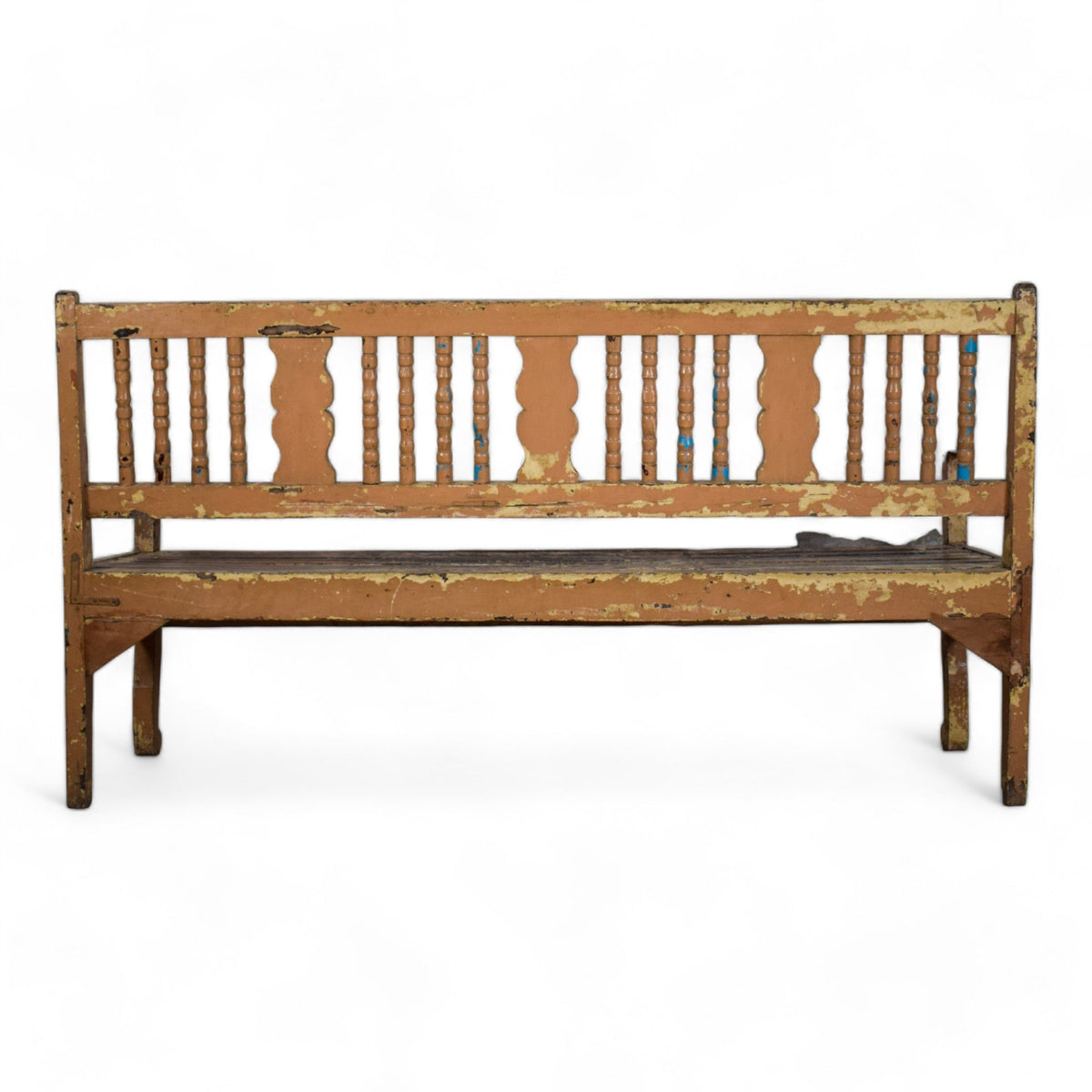 Vintage Indian Hard Wood Bench With Original Rustic Paint