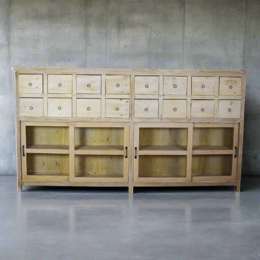 Very Large Vintage Rustic Wooden Apothecary Shop Sideboard Drawers Cabinet