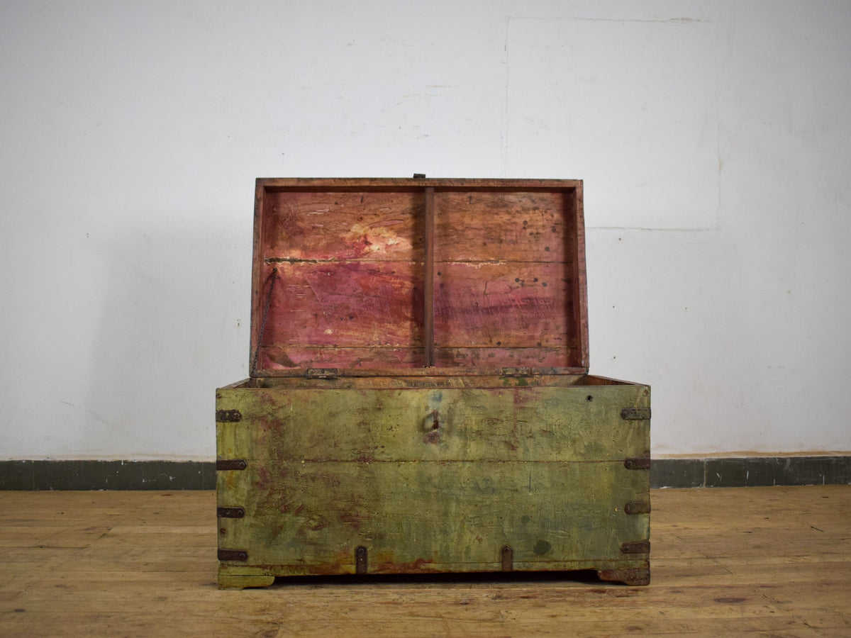 Vintage Wooden Metal Bound Chest Box Coffee Table