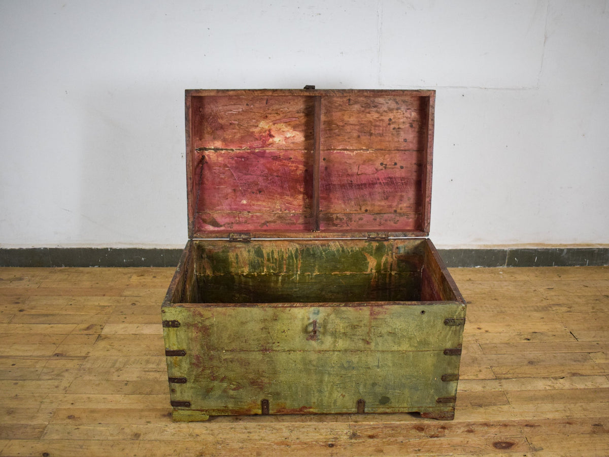 Vintage Wooden Metal Bound Chest Box Coffee Table