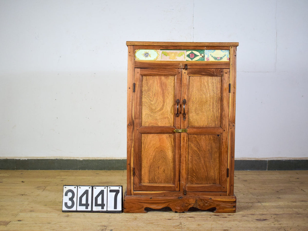 Vintage Rustic Cupboard Cabinet Storage With Antique Tile Decoration