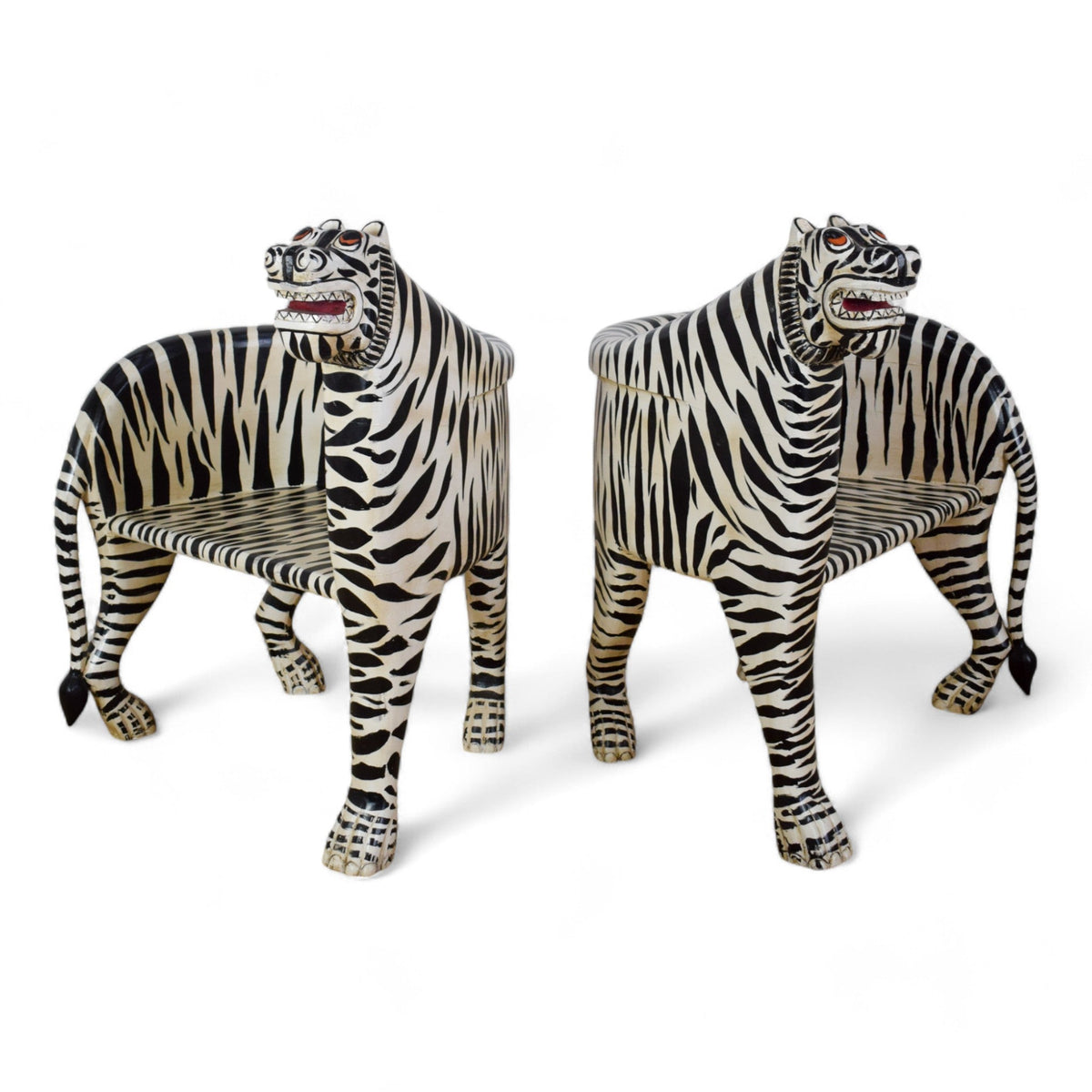 Pair of Indian Wooden Carved Hand Painted Vintage Style White Tiger Chairs