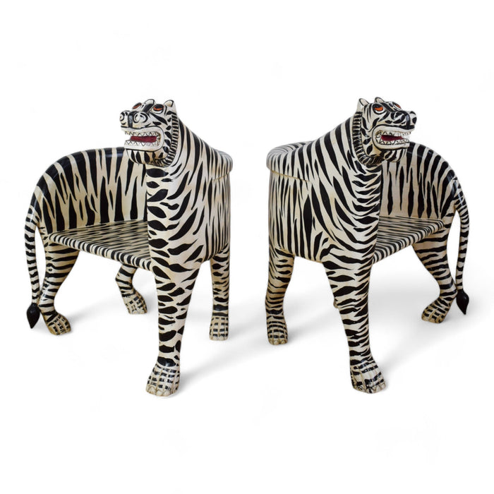 Pair of Indian Wooden Carved Hand Painted Vintage Style White Tiger Chairs