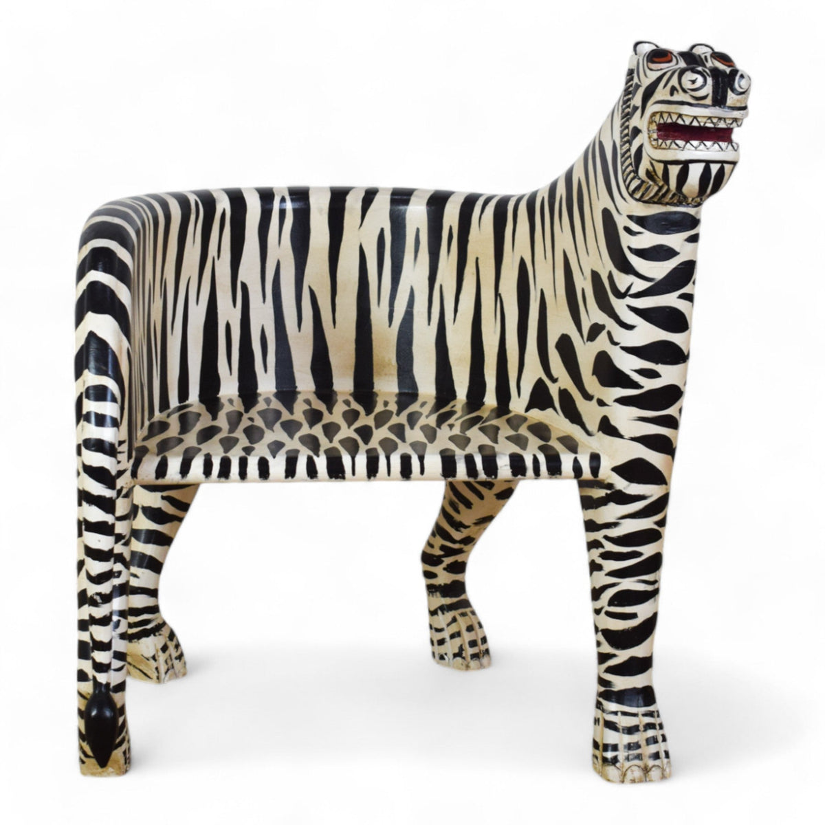 Pair of Indian Wooden Carved Hand Painted Vintage Style White Tiger Chairs