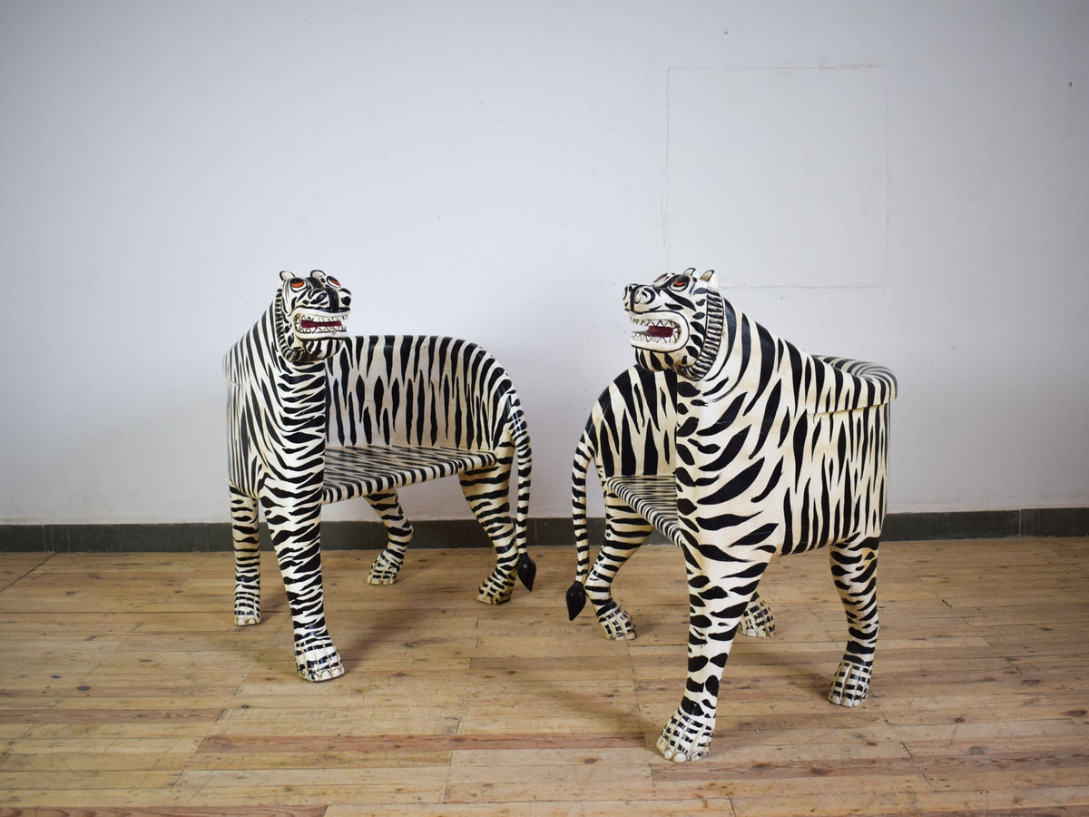 Pair of Indian Wooden Carved Hand Painted Vintage Style White Tiger Chairs