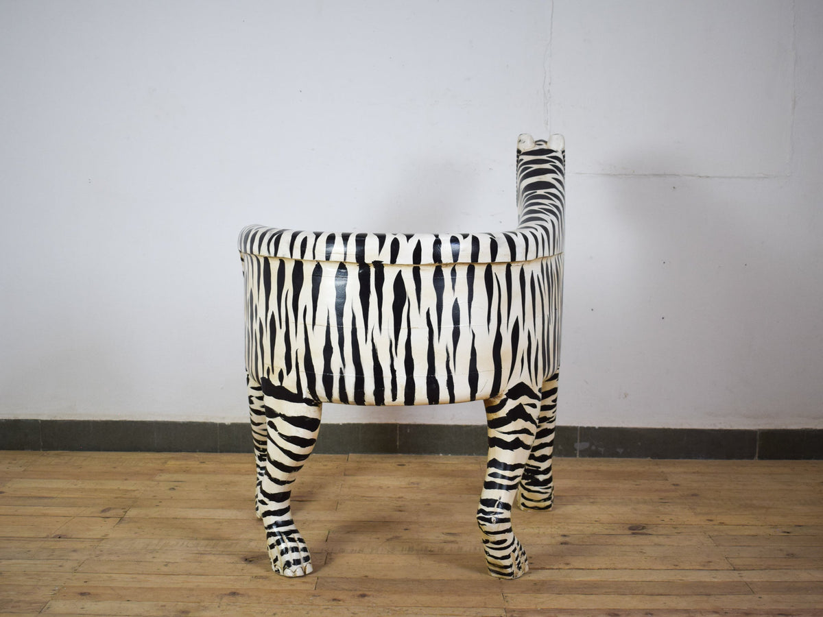 Pair of Indian Wooden Carved Hand Painted Vintage Style White Tiger Chairs