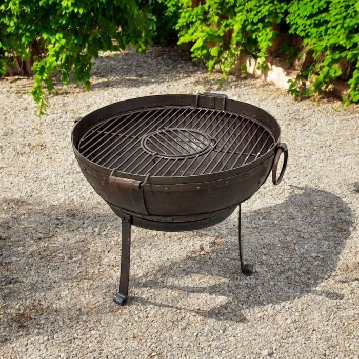 Hand Made Reclaimed Metal Kadai Fire Bowl Pit with Stand & Grill - 60cm