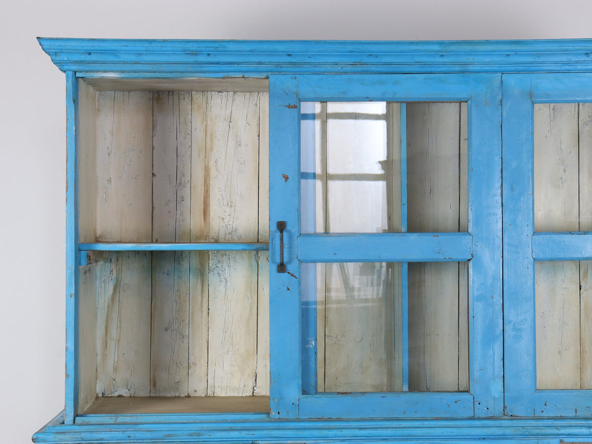 Large Vintage Indian Rustic Glass Kitchen Dresser Cupboard Cabinet