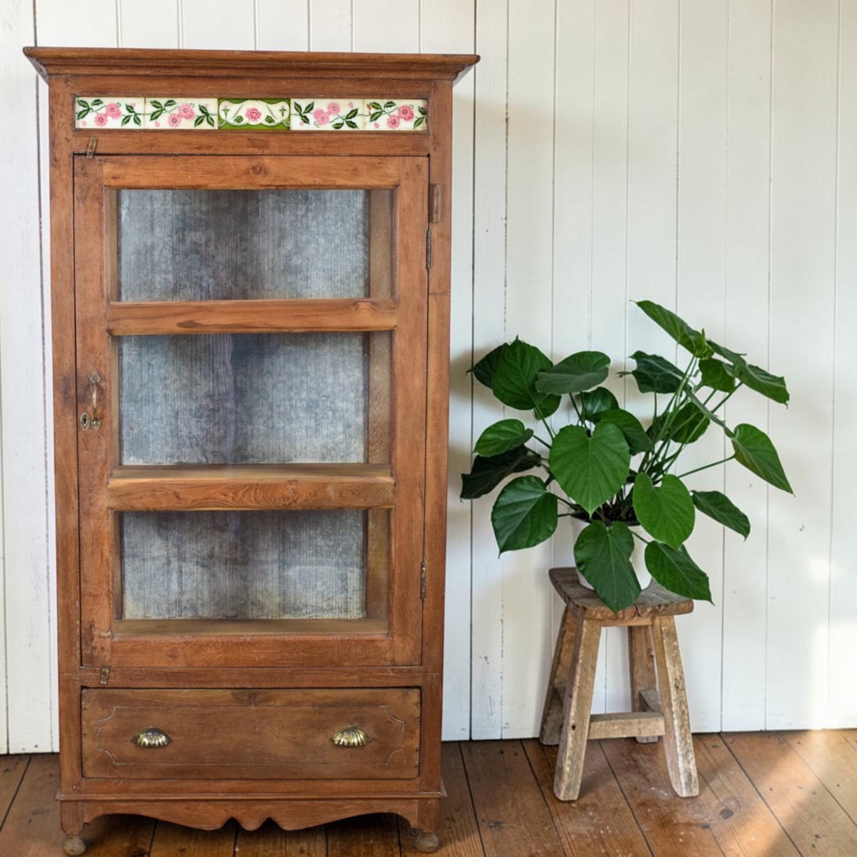 Vintage Wooden Display Cupboard Cabinet With Vintage Tile Decoration