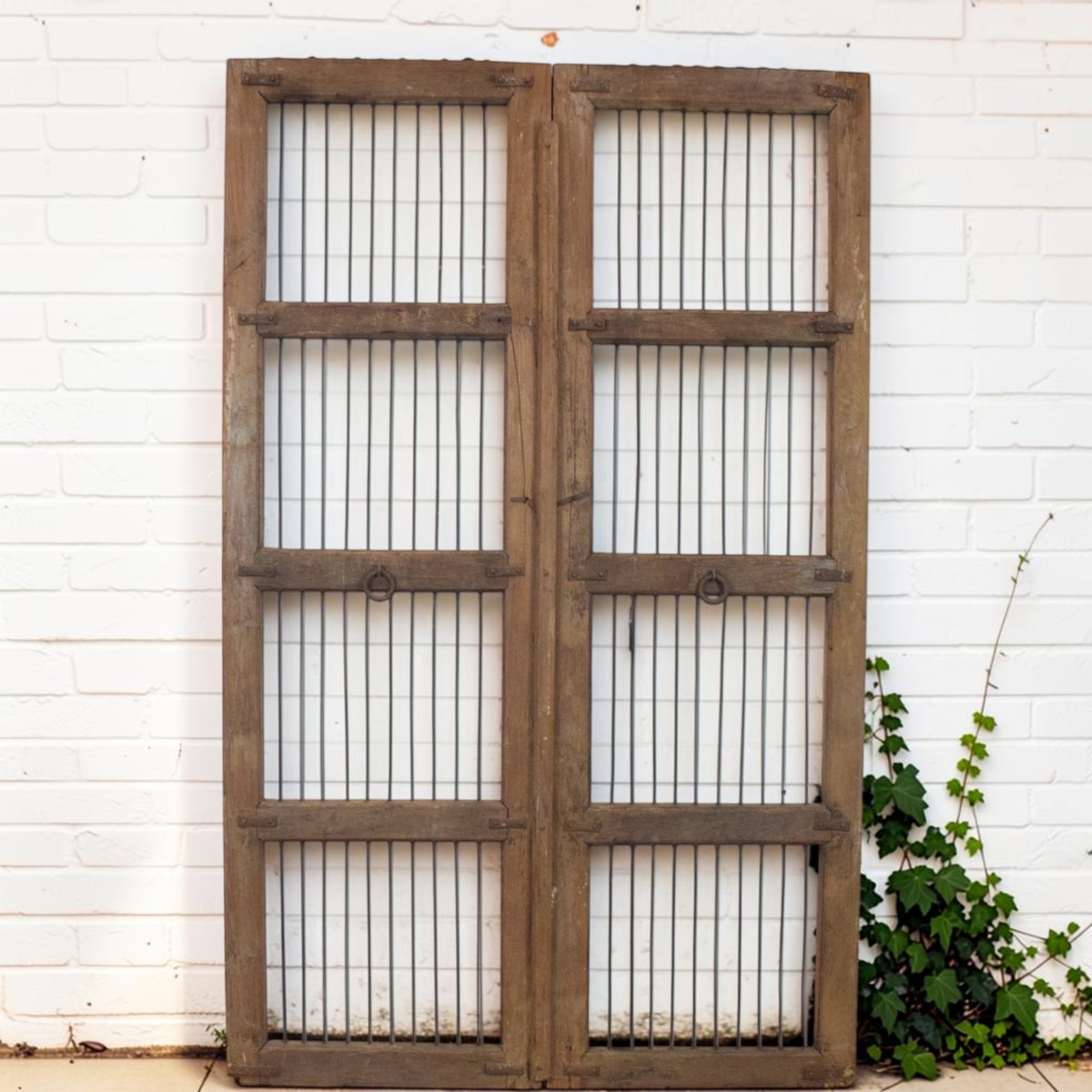 Pair of XL Antique Vintage Indian Wooden Iron Jali Doors Shutters