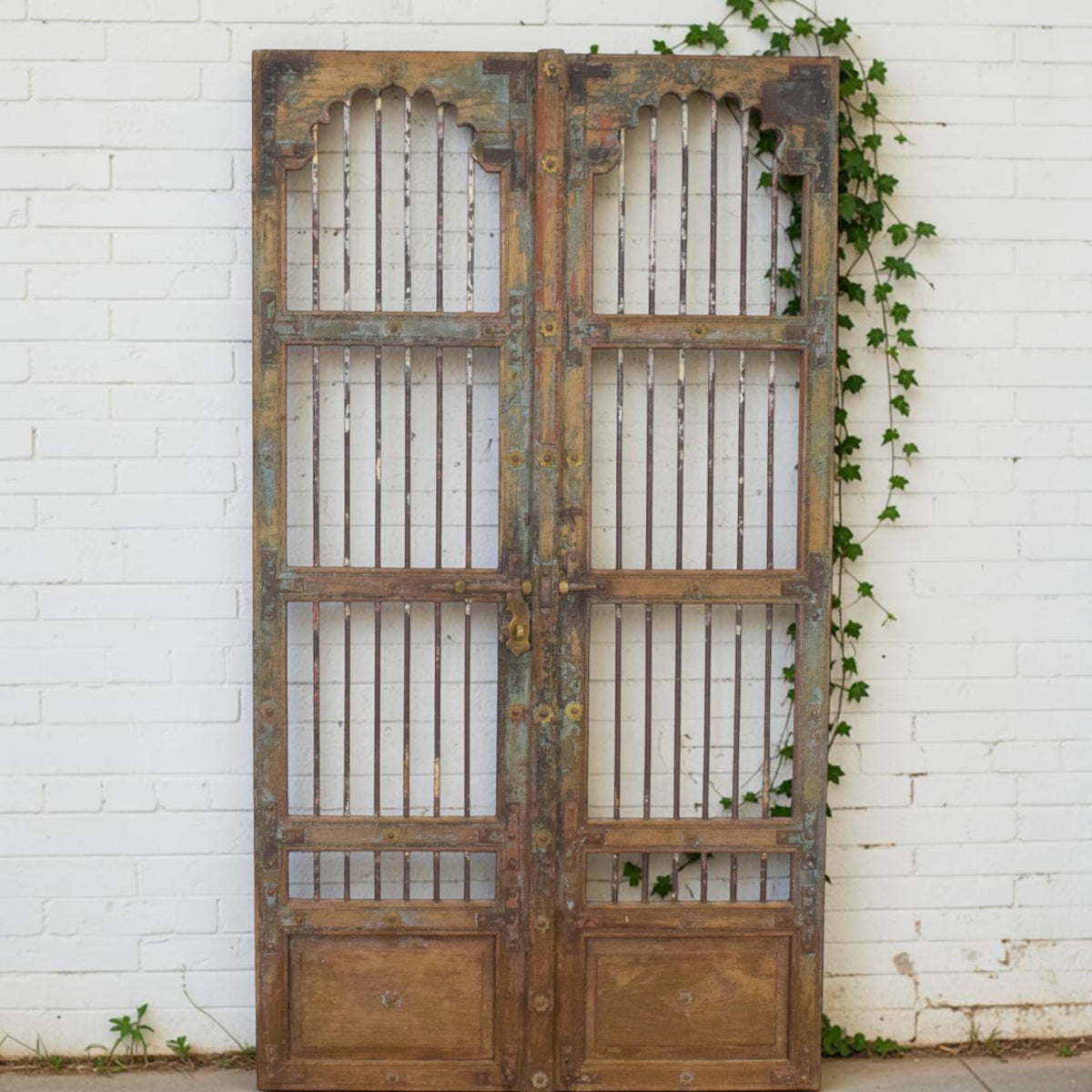 Pair of XL Antique Vintage Indian Wooden Iron Jali Doors Shutters