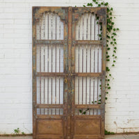 Pair of XL Antique Vintage Indian Wooden Iron Jali Doors Shutters