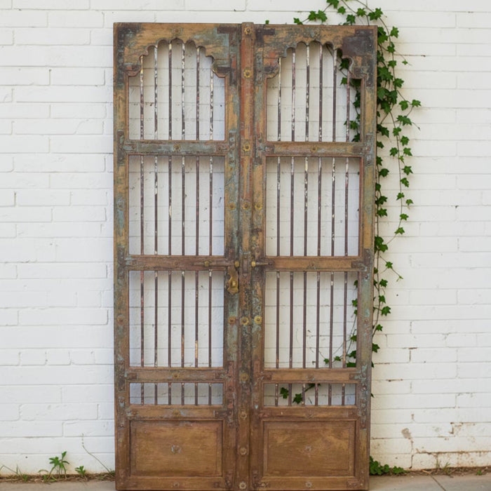 Pair of XL Antique Vintage Indian Wooden Iron Jali Doors Shutters