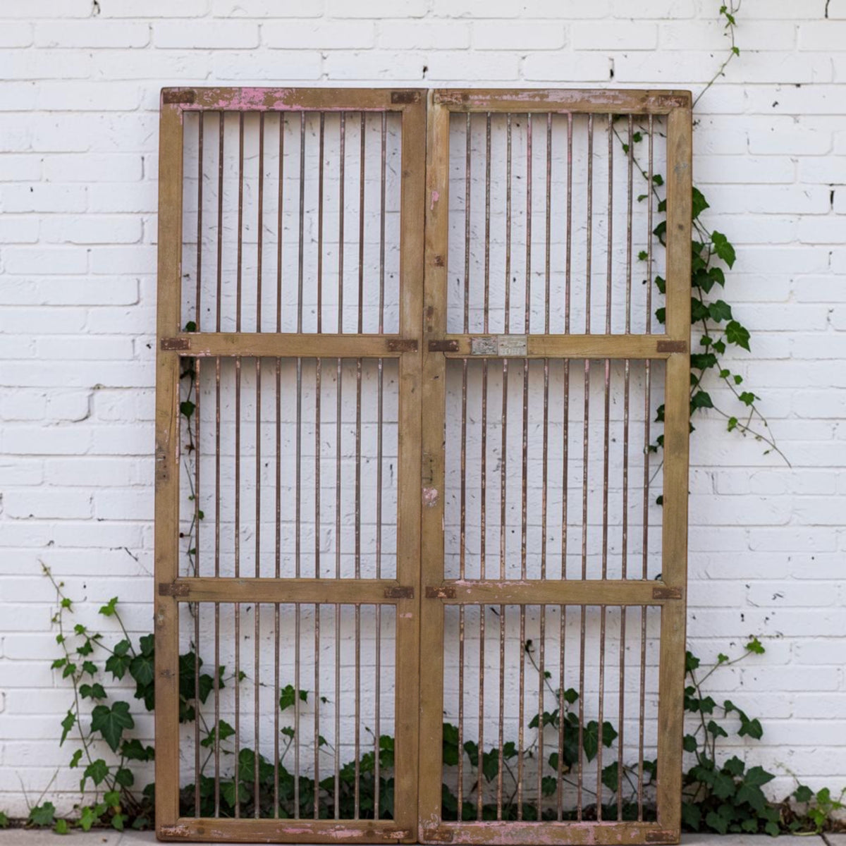 Pair of XL Antique Vintage Indian Wooden Iron Jali Doors Shutters