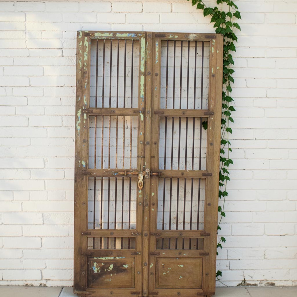 Pair of XL Antique Vintage Indian Wooden Iron Jali Doors Shutters